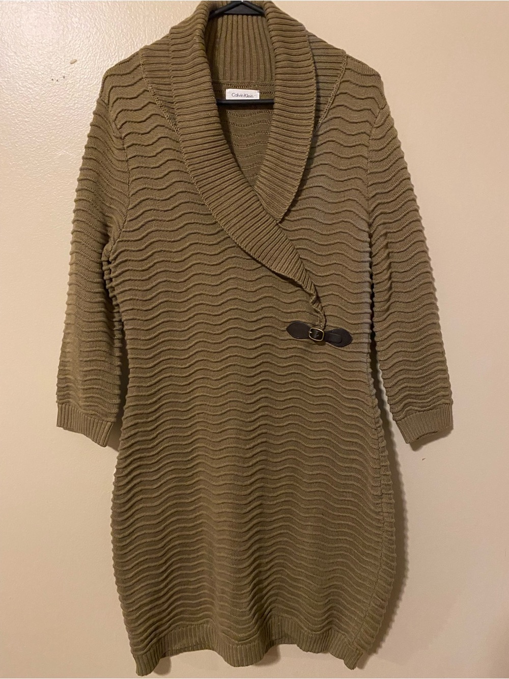 Calvin Klein Olive Ribbed Shawl-Collar Knit Tunic